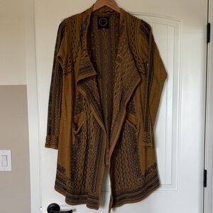 BIYA by Johnny Was Gold and Gray Patterned Open Front Sweater S